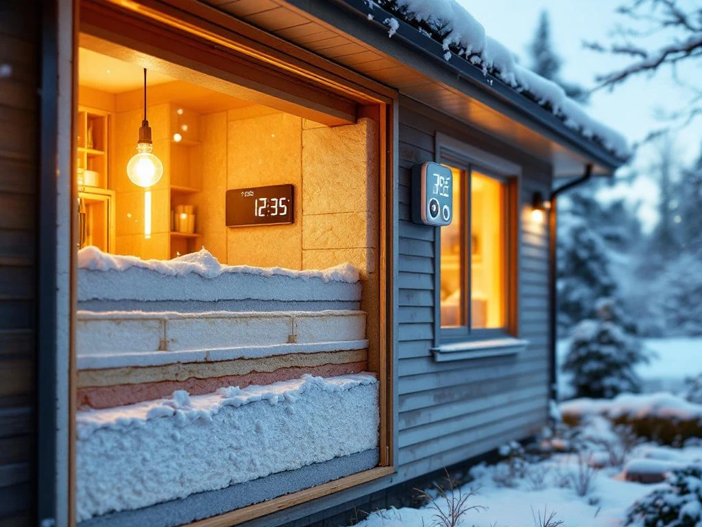 Doorsnede van een huismuur met isolatielagen, thermometer en sneeuw, warme raamverlichting in winteravond