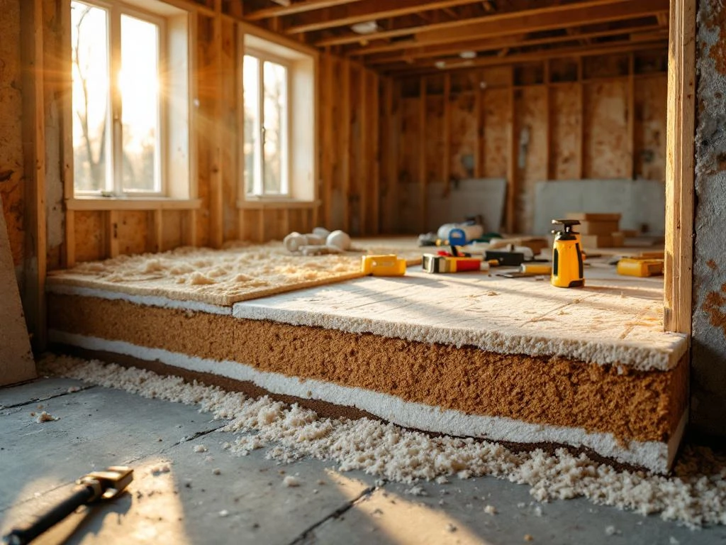 Doorsnede huisfundering met gelaagde vloerisolatie onder houten vloerdelen, bouwgereedschap op beton, zonlicht door ramen