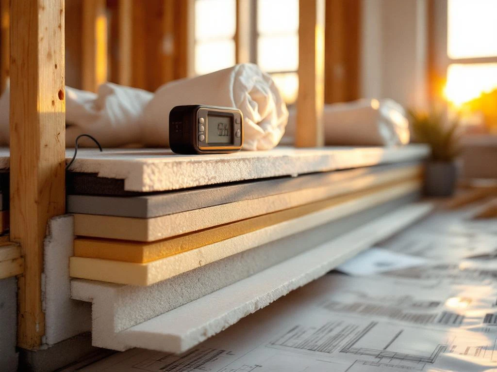 Doorsnede van moderne huisfundering met isolatielagen, schuimpanelen en digitale thermometer tussen houten balken