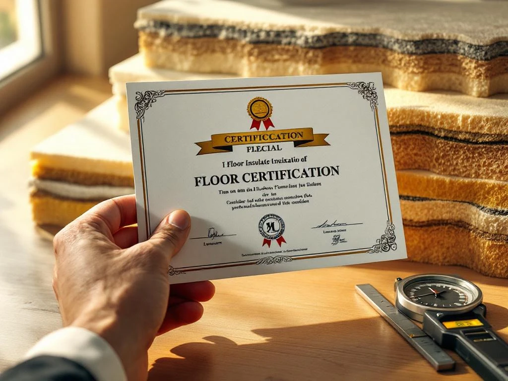 Hand houdt officieel certificaat met zegels vast boven vloerisolatiematerialen met meetgereedschap op houten oppervlak