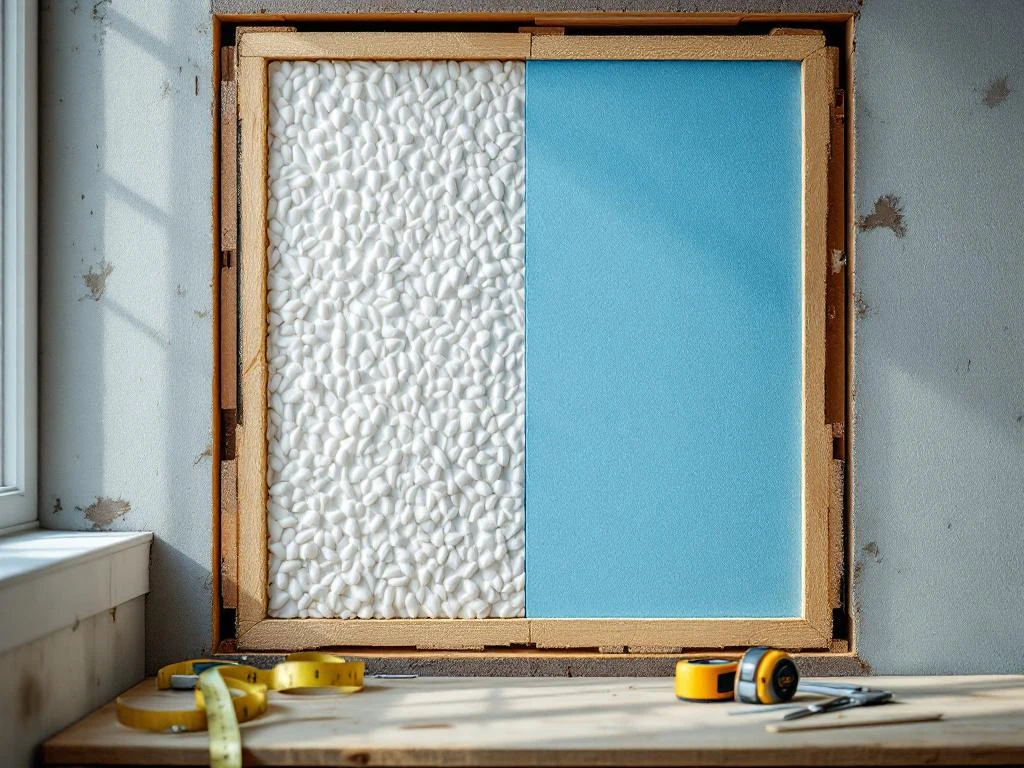 Doorsnede van muur met witte EPS en blauwe XPS isolatieplaten in structurele holte, gereedschap op werkoppervlak