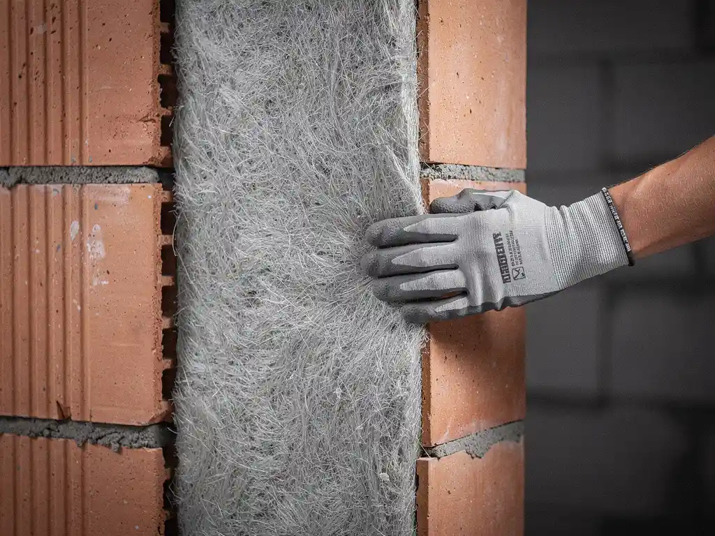 Doorsnede van een spouwmuur met glaswol isolatieplaten strak tussen twee bakstenen lagen, hand drukt op het veerkrachtige materiaal.