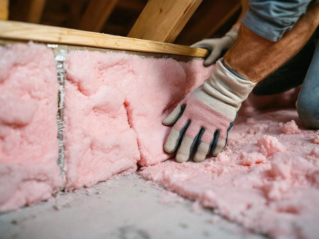 Bouwvakker installeert roze glasvezelisolatie rond betonnen vloerbalk in kelder met werkhandschoenen