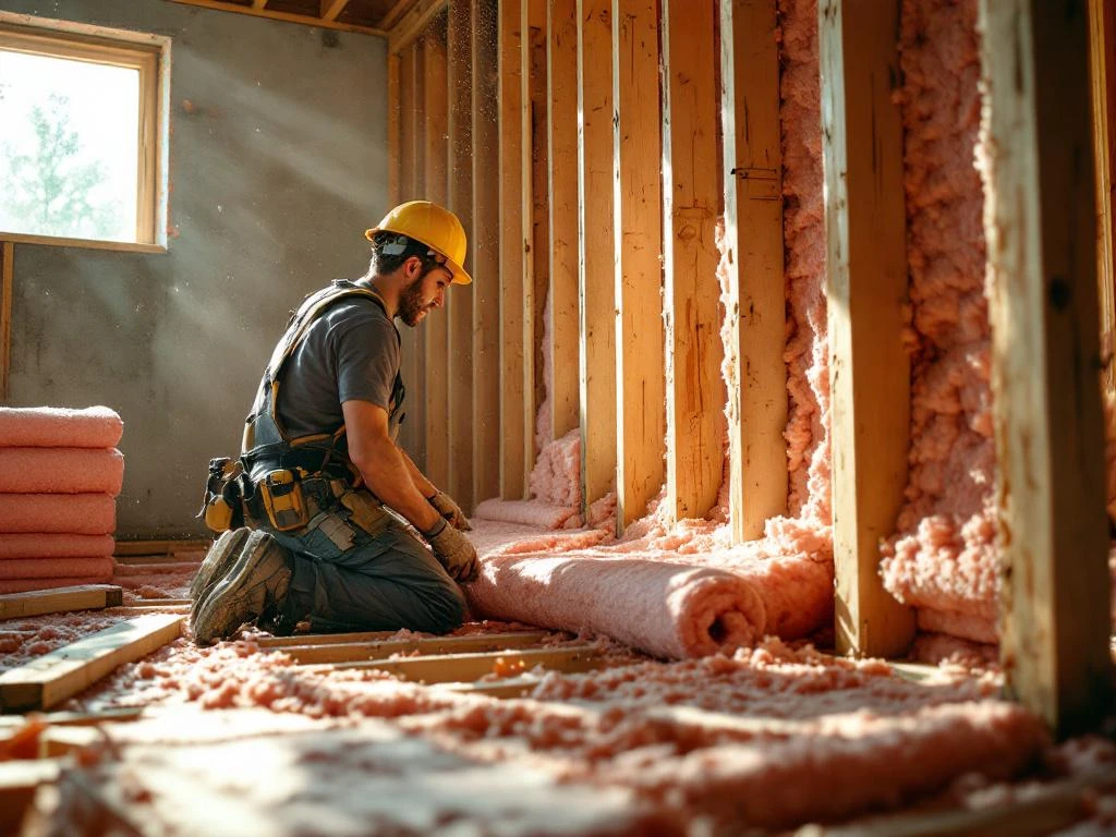 Bouwvakker installeert roze isolatiemateriaal tussen houten balken, isolatierollen op betonnen fundering