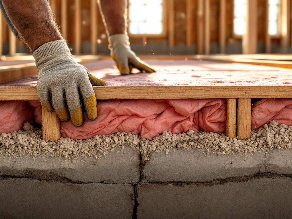 Bouwvakker installeert roze isolatiemateriaal tussen houten vloerbalken in kruipruimte met betonnen fundering