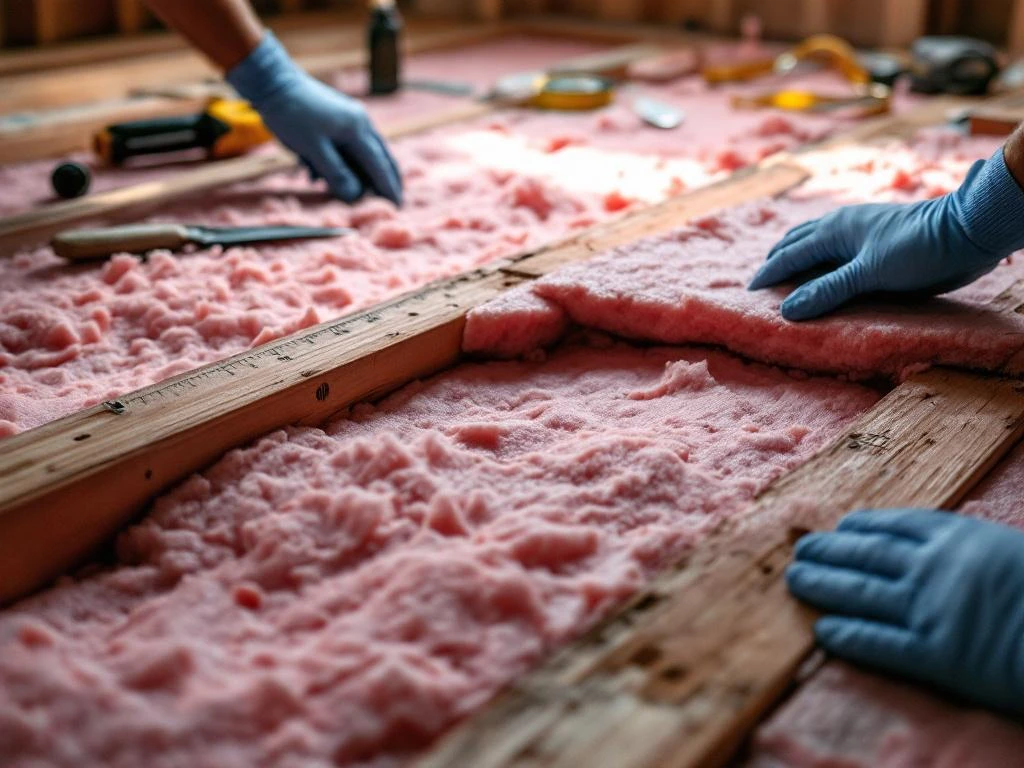 Installatie van roze isolatiemateriaal tussen houten vloerbalken door gehandschoende handen met gereedschap