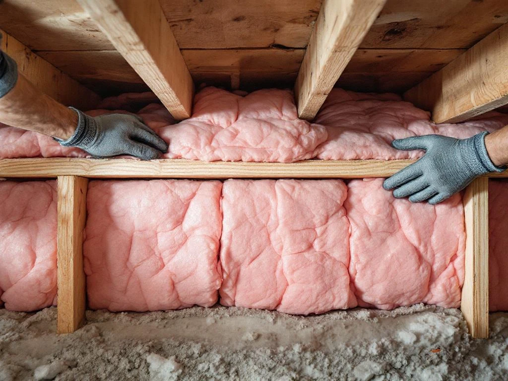 Professionele installatie van roze isolatiemateriaal tussen houten vloerbalken in kruipruimte door gehandschoende handen