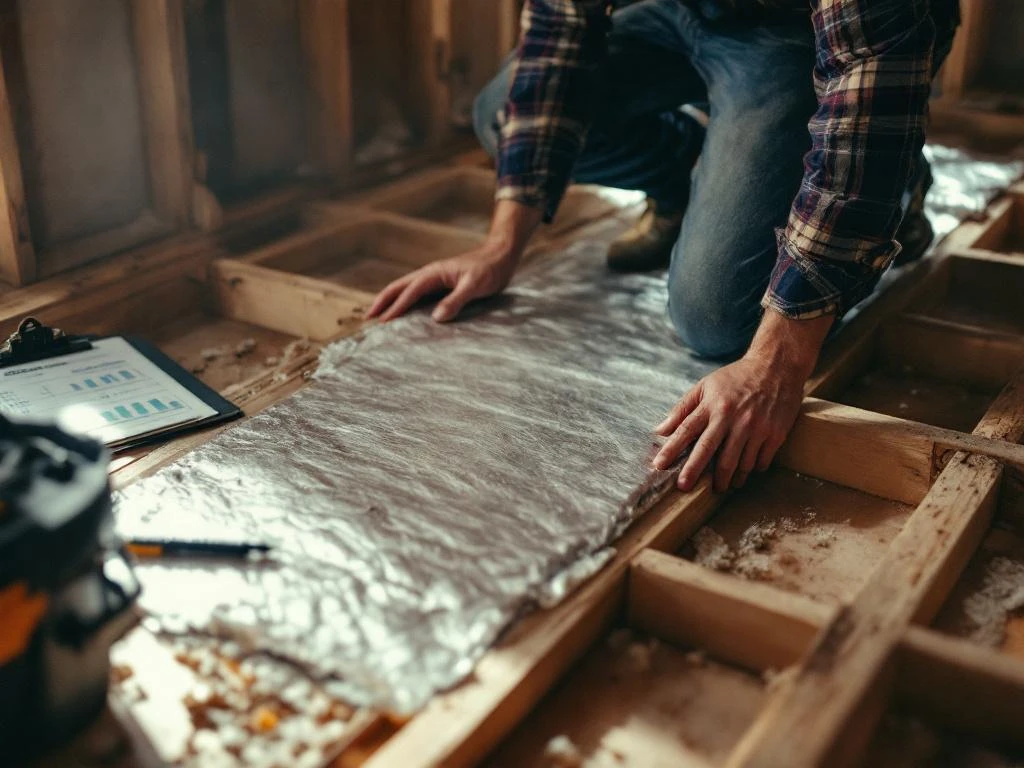 Bouwvakker installeert zilveren isolatiemateriaal tussen houten balken in onafgewerkte kelder met gereedschapskist