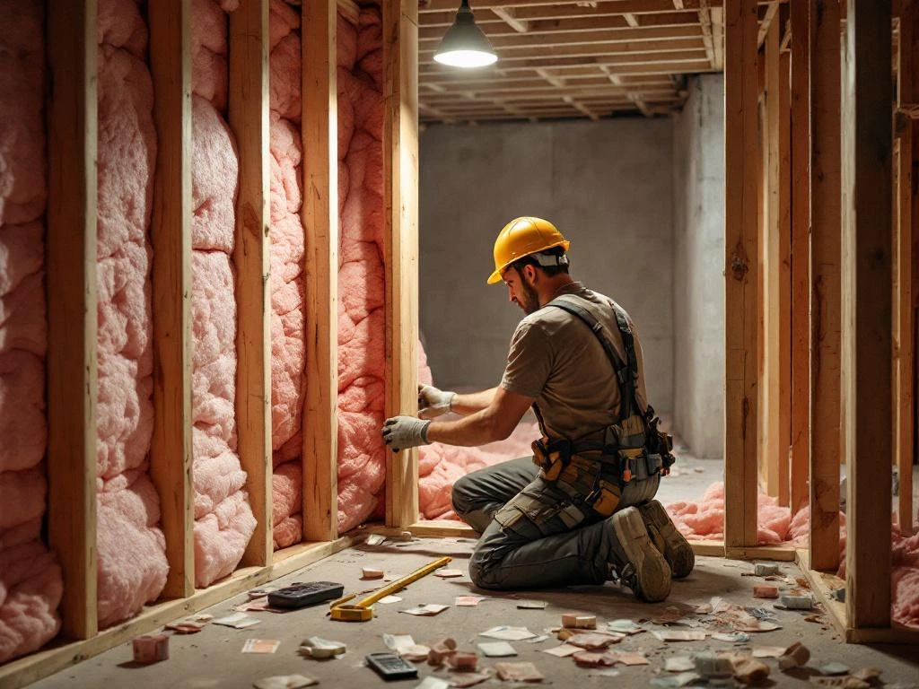 Bouwvakker installeert roze glaswol isolatie tussen houten balken in onafgewerkte kelder met gereedschap op betonvloer