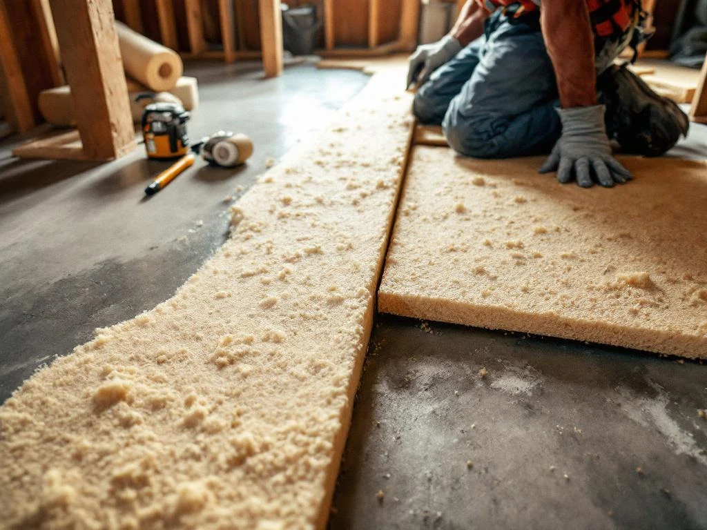 Bouwvakker installeert isolatieplaten tussen houten balken in betonnen kelder met gereedschap en dampscherm