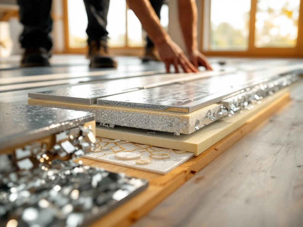 Bouwvakker installeert moderne isolatiematerialen onder houten vloerplanken in doorsnede van huis