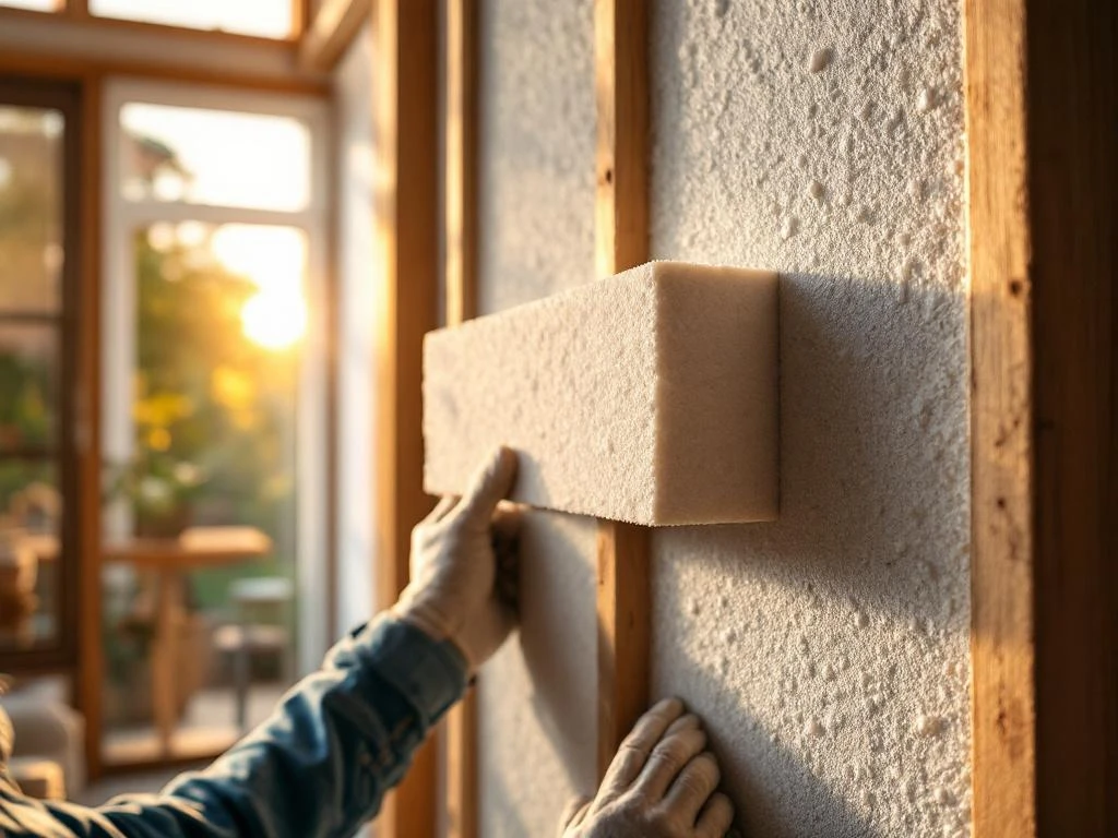 Professionele isolatie-installatie tussen houten balken, vakman plaatst schuimisolatie in moderne woning