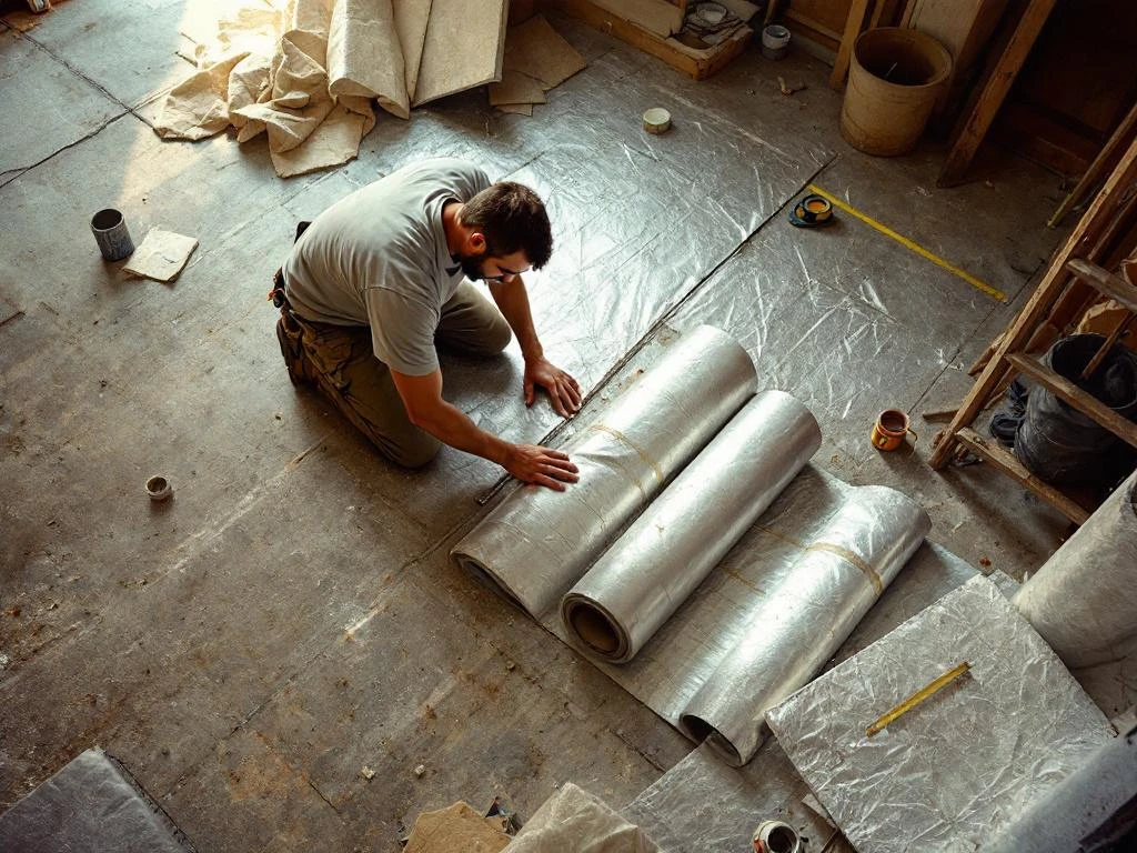 Vakman installeert zilveren isolatiemateriaal op onregelmatige betonvloer met gereedschap in werkplaats