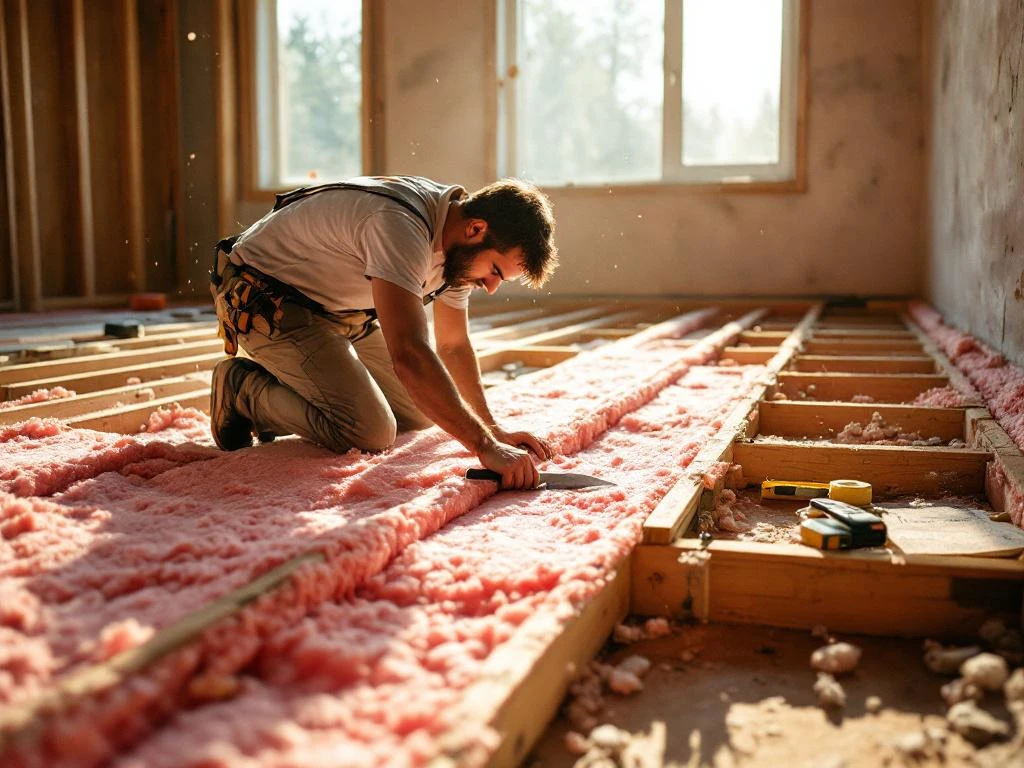 Bouwvakker installeert roze isolatiemateriaal tussen houten vloerbalken in onafgewerkte ruimte met gereedschap