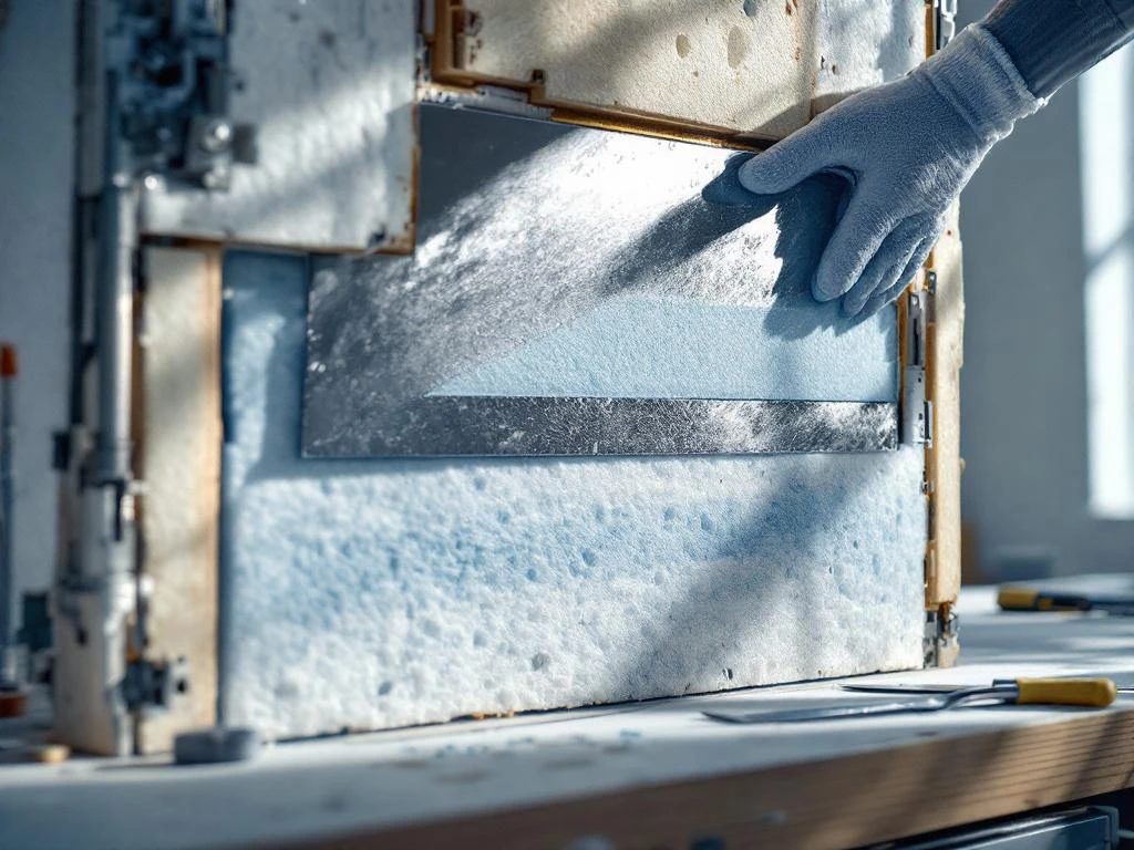 Doorsnede van moderne muurisolatie met aerogelpanelen, reflecterende barrière en gehandschoende hand tijdens installatie