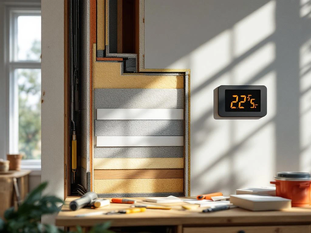 Doorsnede van moderne huismuur met isolatielagen en digitale thermometer, bouwgereedschap op werkbank