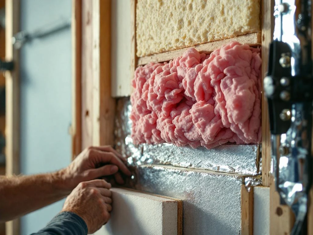 Vakkundige handen installeren isolatiemateriaal in spouwmuur met glaswol, reflectiefolie en schuimplaten