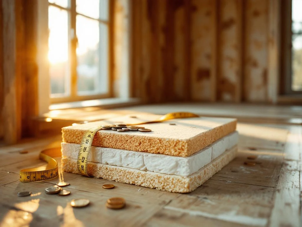 Doorsnede huisvloer met isolatiematerialen onder houten vloerdelen, eurobankbiljetten en meetlint in warm licht