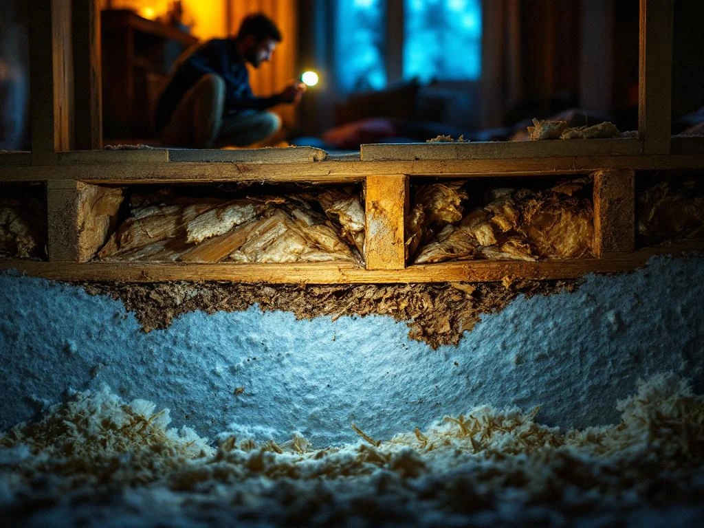 Huiseigenaar inspecteert beschadigde vloerisolatie met zaklamp, zichtbare gaten en vochtschade onder houten planken