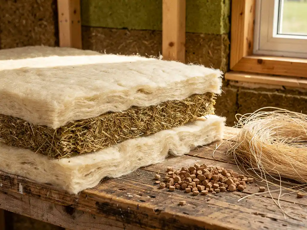 Schapenwol isolatieplaten en hennepvezelpanelen op houten werkbank, met kurrelkorrels, vlasvezels en doorsnede van biobased wandisolatie.