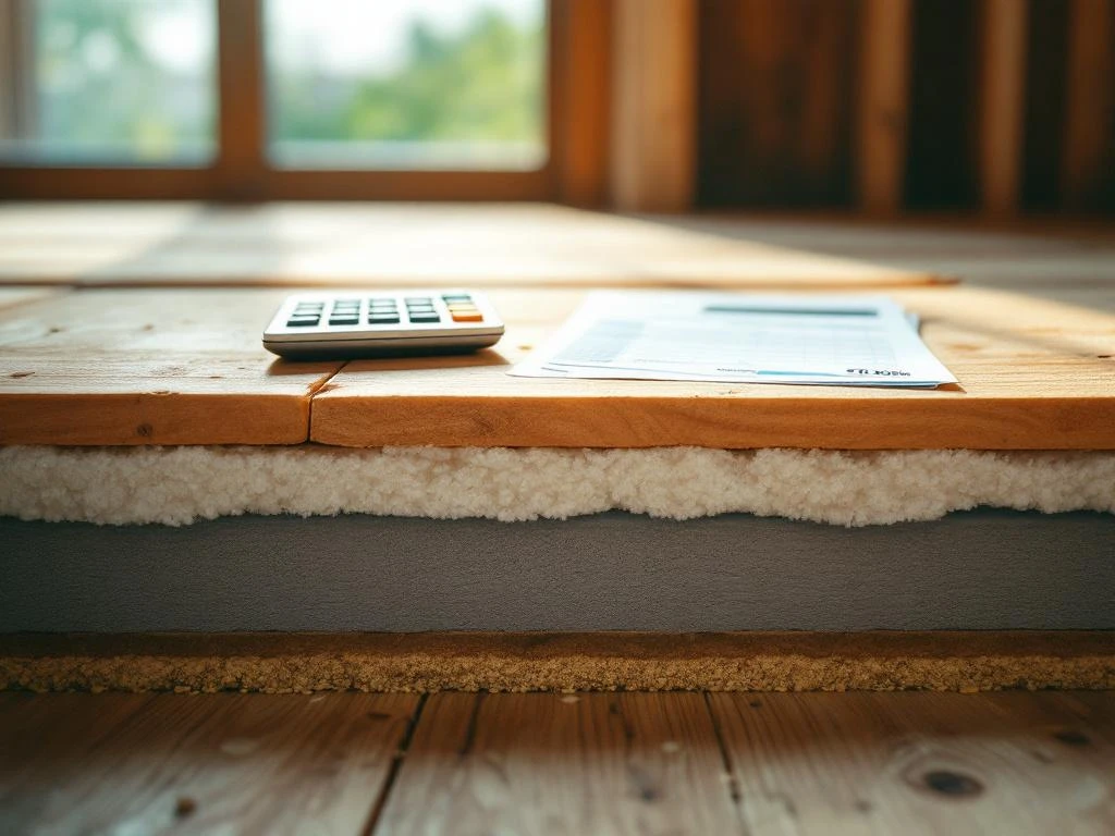 Doorsnede van huisvloer met isolatiematerialen onder houten planken, rekenmachine en budget op vloer