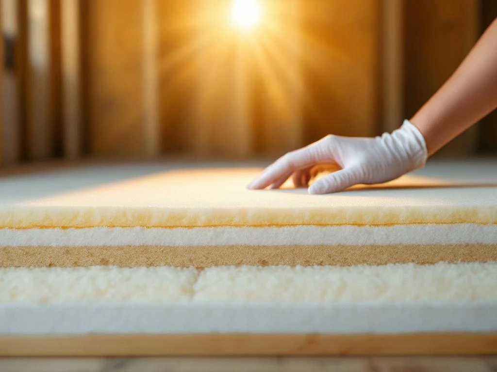 Doorsnede van vloerstructuur met witte isolatie onder houten planken, hand in handschoen raakt zachte isolatie aan