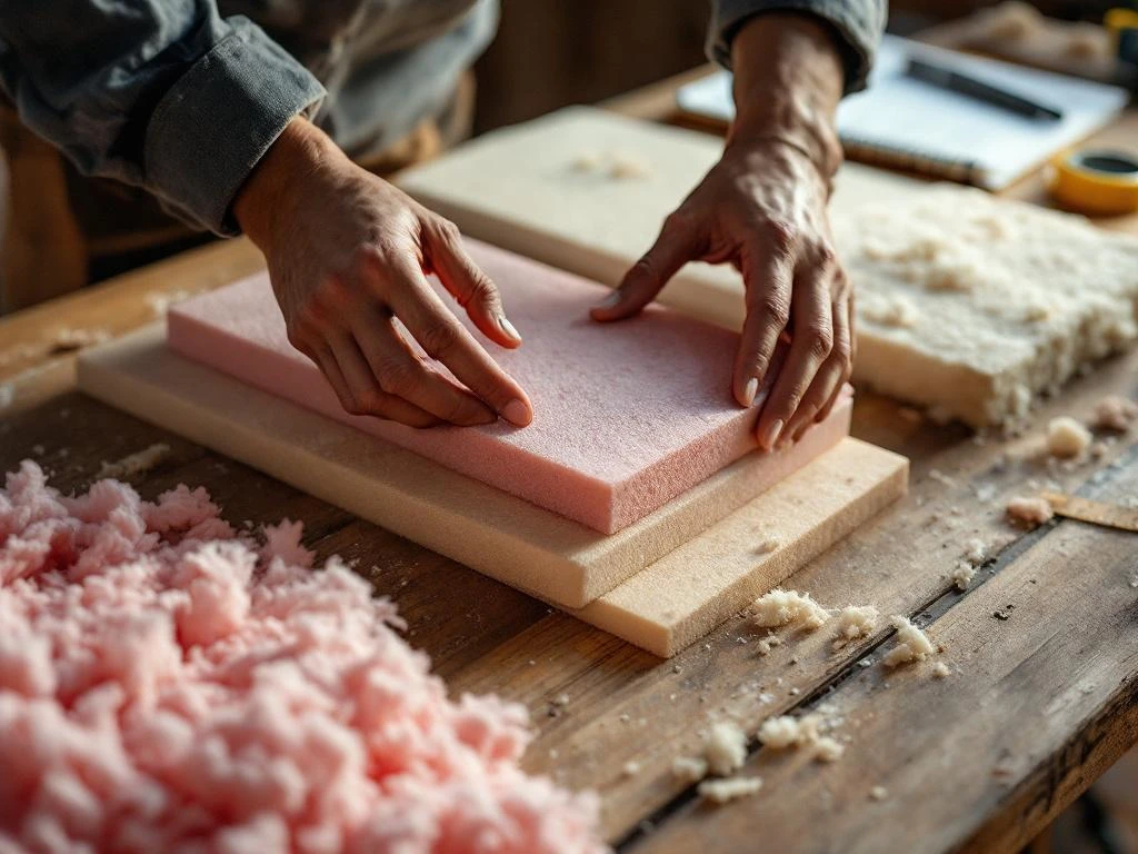 Handen onderzoeken isolatiematerialen op werkbank: glaswol, schuimplaten en wol met meetlint en notities