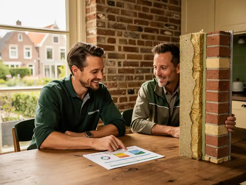 Isolatiespecialist bespreekt energierapport met huiseigenaar aan keukentafel, met doorsnede isolatiemonster, Nederlandse woning op achtergrond.