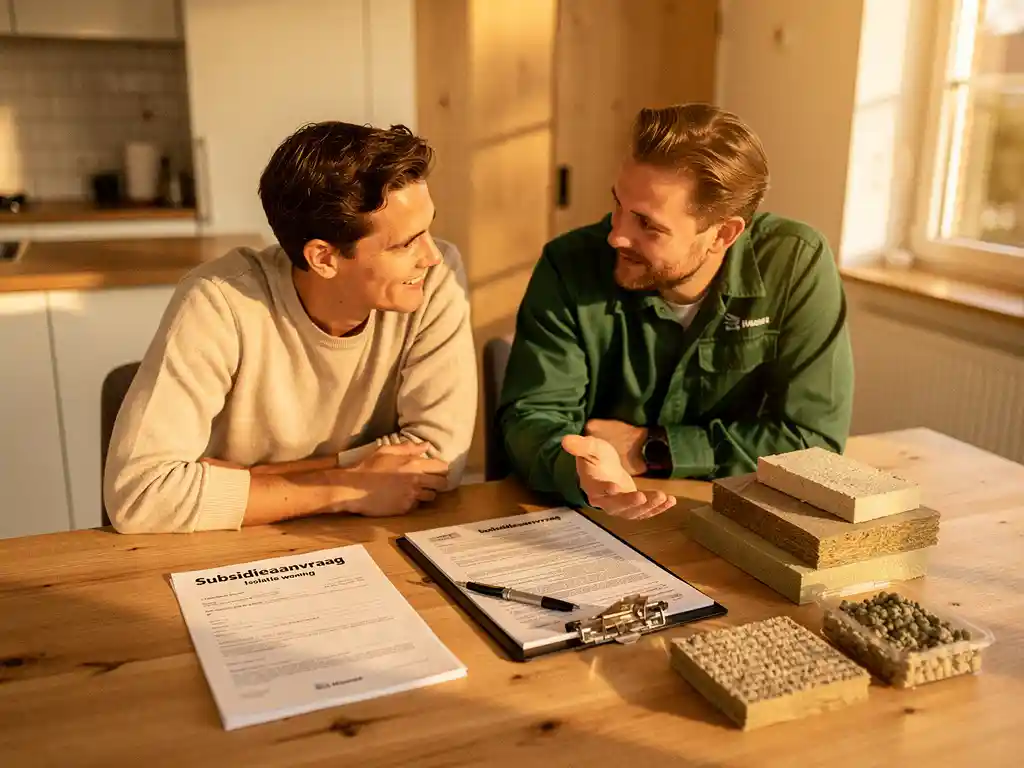 Huiseigenaar en isolatiespecialist bespreken subsidiedocumenten aan keukentafel met isolatiemateriaalstalen en clipboard.
