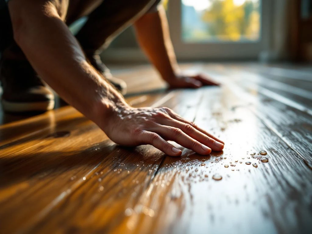 Huiseigenaar onderzoekt koude houten vloer met hand, condensdruppels en tocht zichtbaar in warme kamer