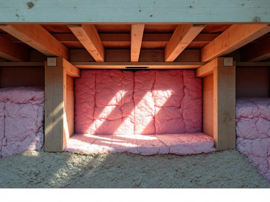 Doorsnede huisfundering met houten vloerbalken, roze glaswol isolatie tussen balken en kruipruimte daaronder