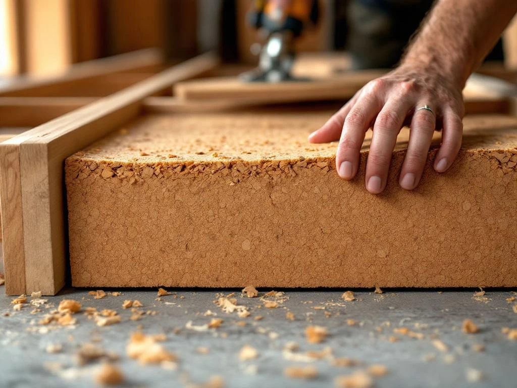 Dwarsdoorsnede houten vloer met natuurlijke kurk isolatieplaten tussen balken, vakman plaatst laatste paneel