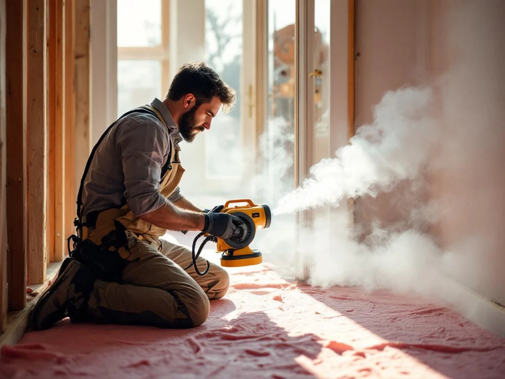 Bouwprofessional test luchtlekken met blower door ventilator en rookpotlood bij vloerisolatie in woning