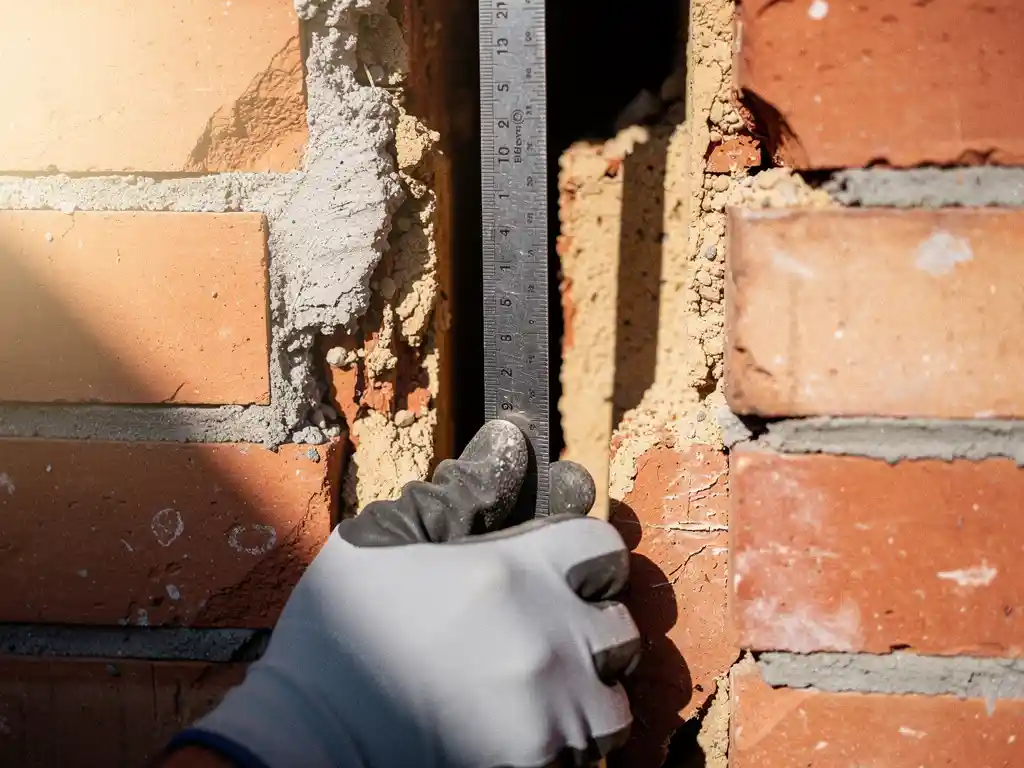 Gehandschoende hand die een stalen meetlint in een smalle spouwmuur drukt, met zichtbare lagen rode baksteen en grijs voegwerk.