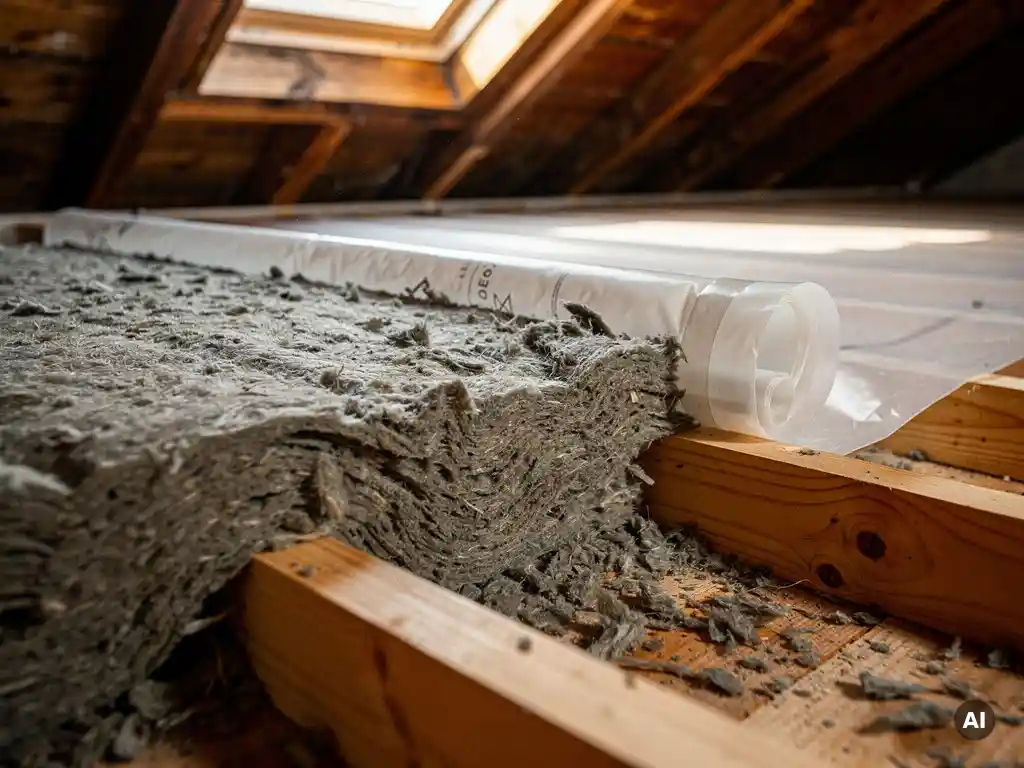 Mineraalwol isolatie tussen houten vloerbalken in een zolder, met een dampscherm gedeeltelijk uitgerold ernaast.