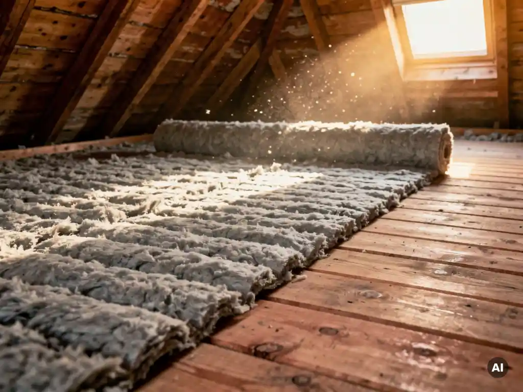Minerale wol isolatie uitgerold over houten zoldervloer, warm amberkleurig licht door dakraam op stoffige balken.