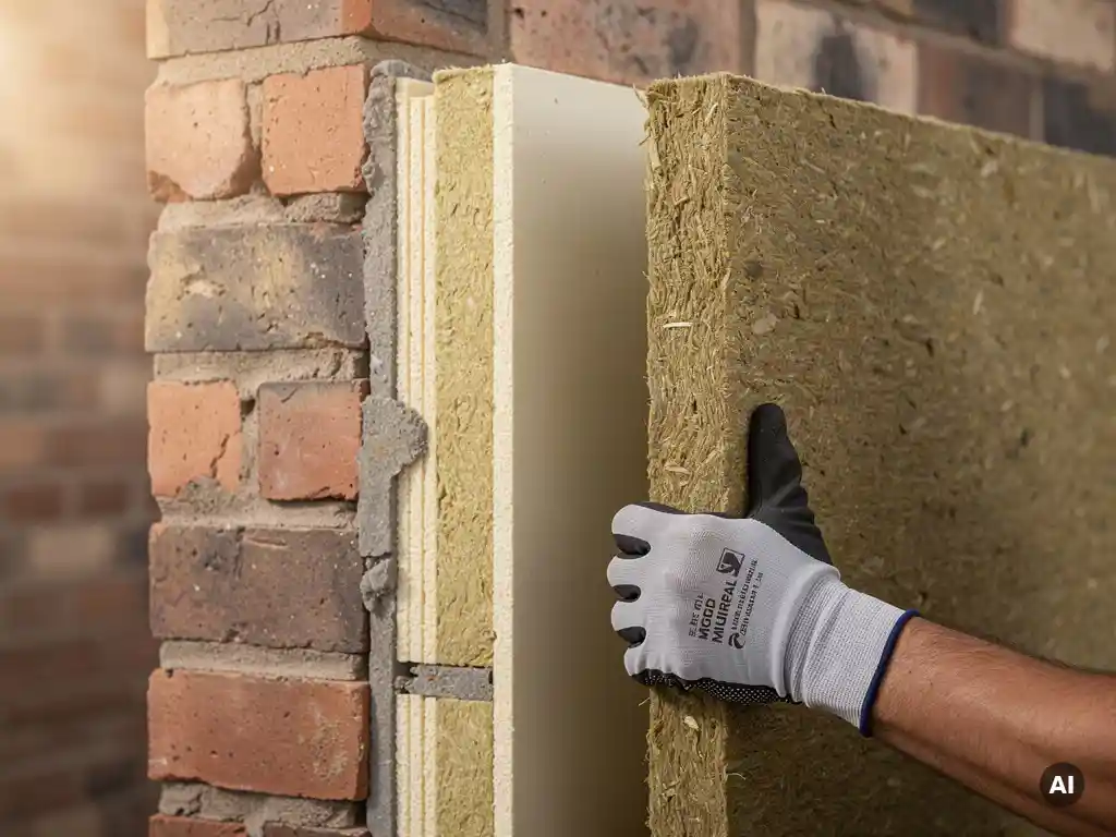 Gehandschoende hand van aannemer met een plaat minerale wol naast een doorsnede van een spouwmuur met isolatiematerialen.