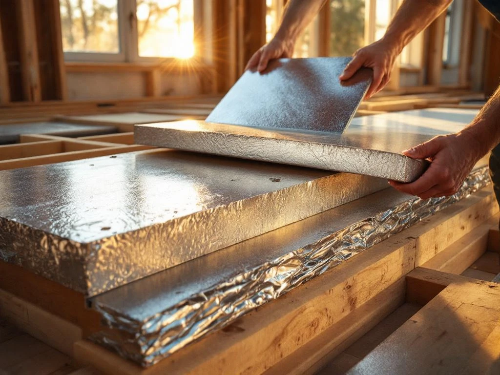 Bouwvakker plaatst zilverkleurige PIR isolatiepanelen tussen houten balken in vloerconstructie met warme verlichting
