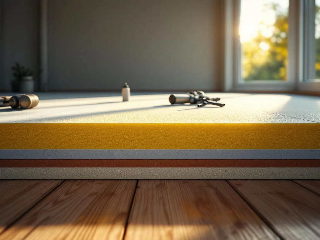 Dwarsdoorsnede van moderne vloer met goudgele polyurethaanschuim isolatie onder houten vloerplanken, spuitpistool zichtbaar