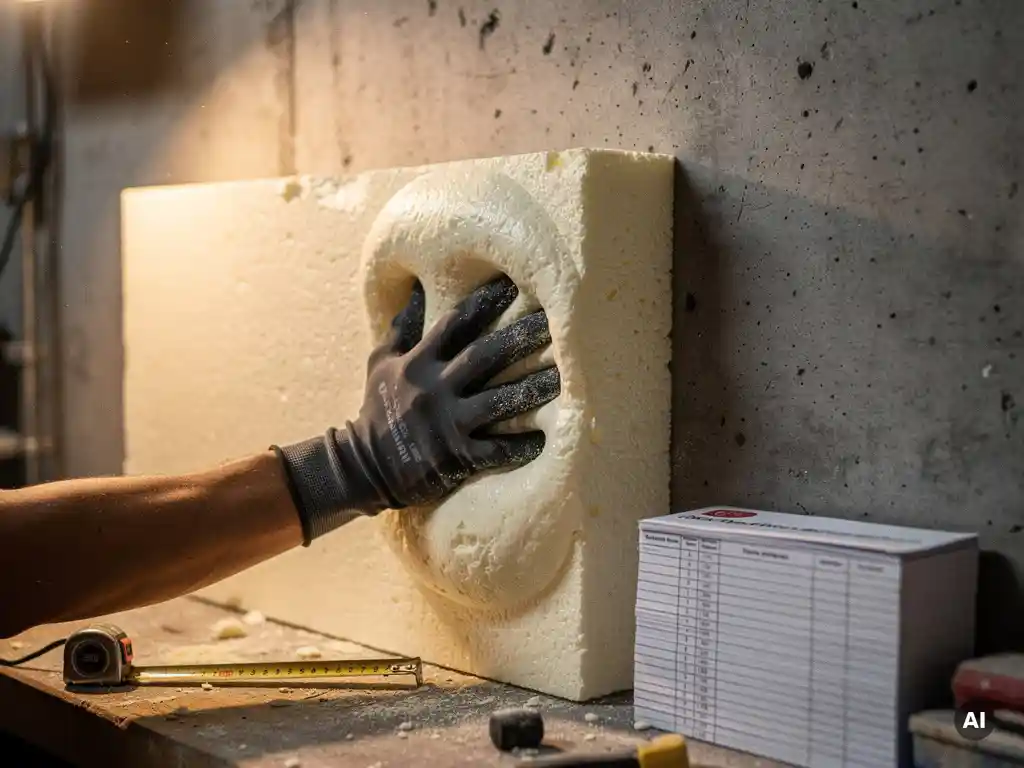 Gehandschoende hand die drukt op vers aangebracht PU-schuim isolatiemateriaal tegen een betonnen muur, met zichtbare celstructuur.