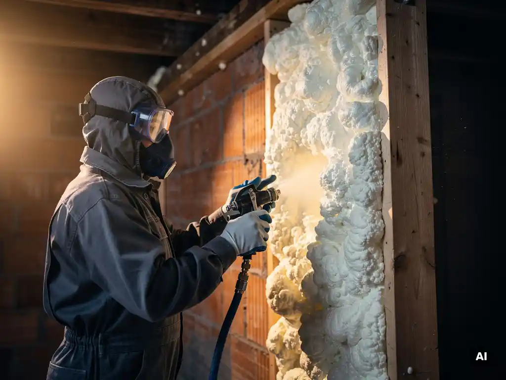 Vakman in beschermende overall en veiligheidsbril spuit PU-schuim isolatie in een spouwmuur van baksteen en houten balken.