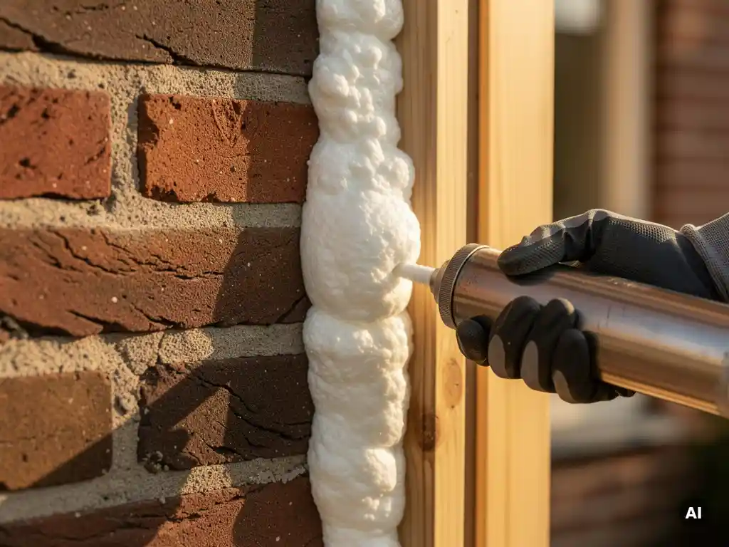 Gehandschoende hand die PU-schuim in de kier tussen bakstenen muur en houten kozijn spuit, Nederlandse woning op de achtergrond.