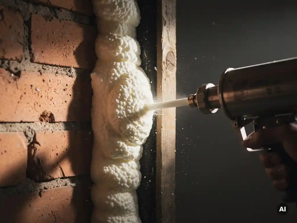 PU-schuimspuit vult een smalle kier tussen bakstenen muur en houten balk op met uitdijend crèmewit schuim.
