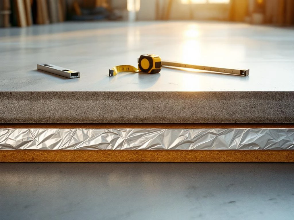 Doorsnede van betonvloer met reflecterende isolatie en meetgereedschap, professionele bouwfotografie