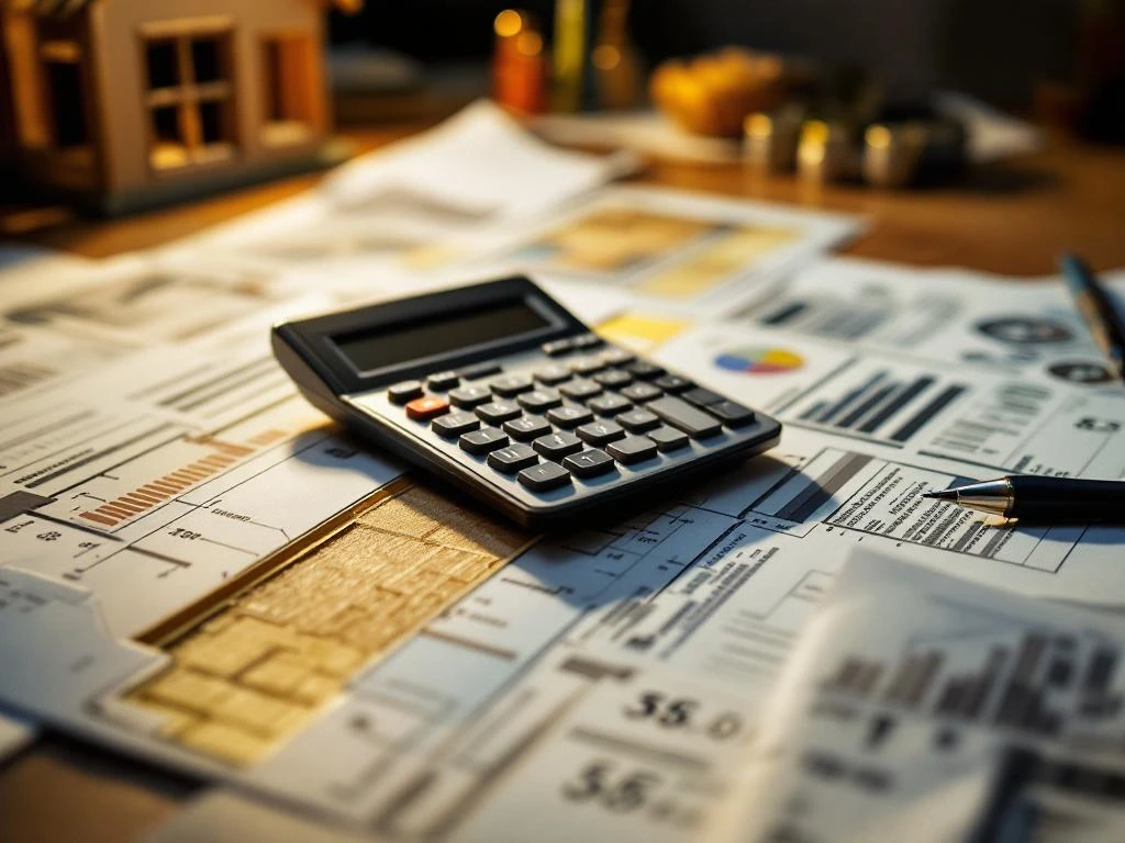 Calculator op vloerisolatie blauwdrukken met energierekeningen en kostenramingen op houten bureau