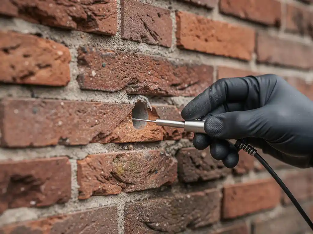 Spouwmuurinspectie met endoscoop in geboord gat van verweerde rode bakstenen gevel, handschoen zichtbaar.