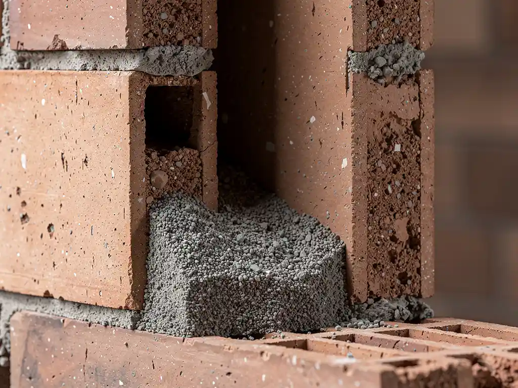 Dwarsdoorsnede van een spouwmuur met ingezakt isolatiemateriaal dat onderaan samenklontert, waardoor een lege ongeïsoleerde ruimte bovenin ontstaat.