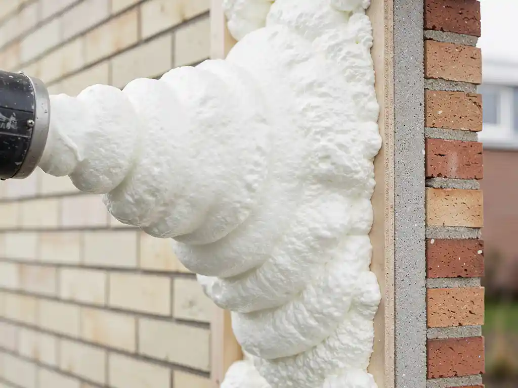 Witte spouwmuurisolatie van aminoschuim die vers in een spouwmuur wordt gespoten, met Nederlandse bakstenen gevel op de achtergrond.