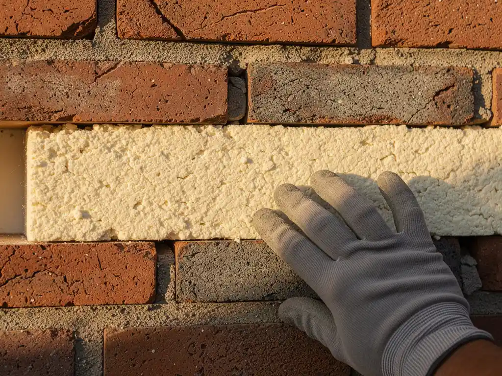 Gehandschoende hand die isolatiemateriaal in een Nederlandse spouwmuur test, met zichtbare lagen rood en grijs metselwerk.