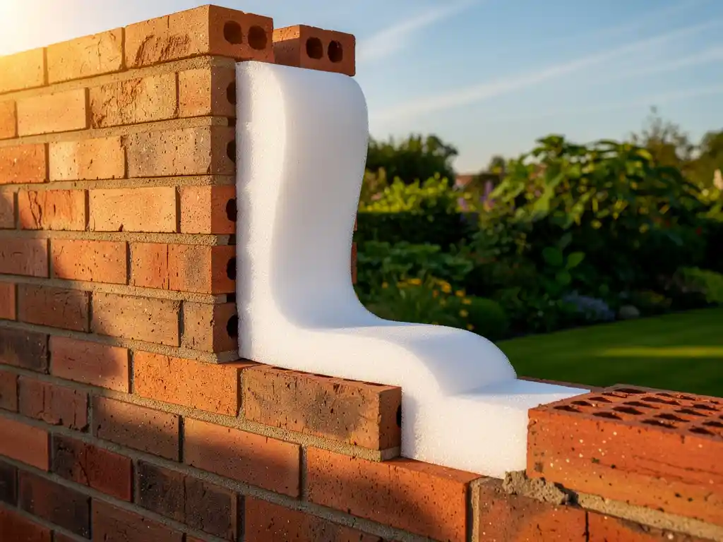 Doorsnede van een Nederlandse spouwmuur met witte isolatieschuim, groene tuin en blauwe lucht op de achtergrond.